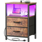 Huuger Night Stand with Charger Station and LED Lights, 2 Drawer Nightstand, Bed Side Table with Open Shelf, End Table, Fabric Dresser for Bedroom, Rustic Brown - color: Rustic Brown, size: 11.8"D x 15.7"W x 23.6"H（2 Drawers）