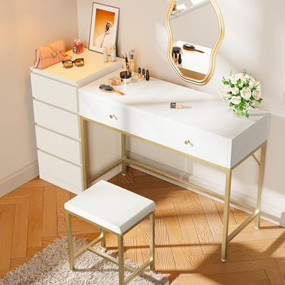 SUPERJARE 43-inch Modern White & Gold Desk - 2 Drawer Vanity | Computer & Home Office Study Desk for Writing & Bedroom - color: Gold and White, size: 43.3 inch