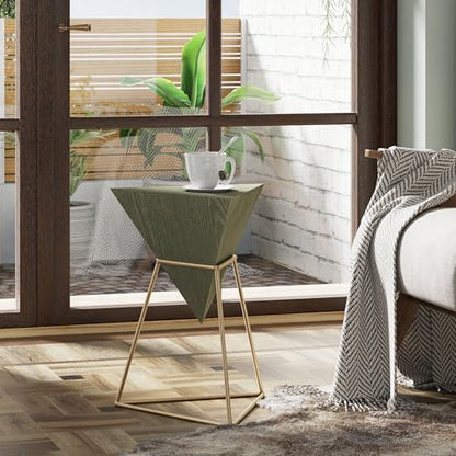 COZAYH Modern Geometric End Table with Wooden Top and Golden Metal Base, Unique Pyramid Side Table Plant Stand for Office, Living Room, Bedroom, Fully Assembled, Triangle, Green - color: Green