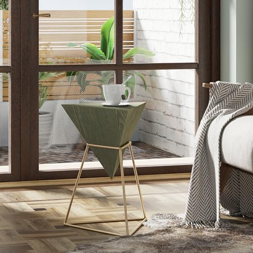 COZAYH Modern Geometric End Table with Wooden Top and Golden Metal Base, Unique Pyramid Side Table Plant Stand for Office, Living Room, Bedroom, Fully Assembled, Triangle, Green - color: Green