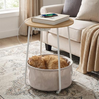 Round Side Table with Charging Station & USB Ports, Modern End Table Nightstand with Fabric Storage Basket, Matte White & Camel Brown Accent Table for Living Room, Bedroom (Burlywood) - color: Burlywood