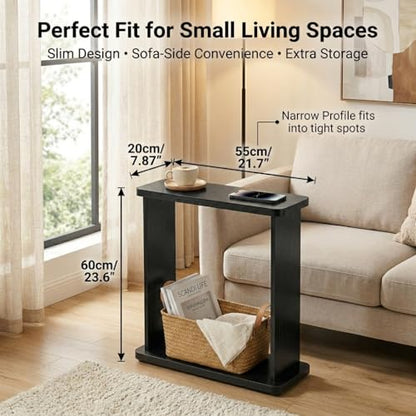 Narrow Side Table for Small Spaces, 7.9" Slim End Table with 2-Tier Open Storage Shelf, Modern Skinny Wood Sofa Table for Living Room, Bedroom, Nightstand, Couch (Black) - color: Black