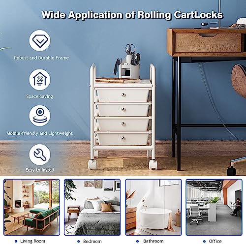 4-Tier Utility Cart with 4 Drawers, Rolling Utility Cart with 2 Lockable Caster Wheels, Multipurpose Mobile Rolling Drawer Cart for Office Bathroom Kitchen, Ivory White - size: White, 4-Tier