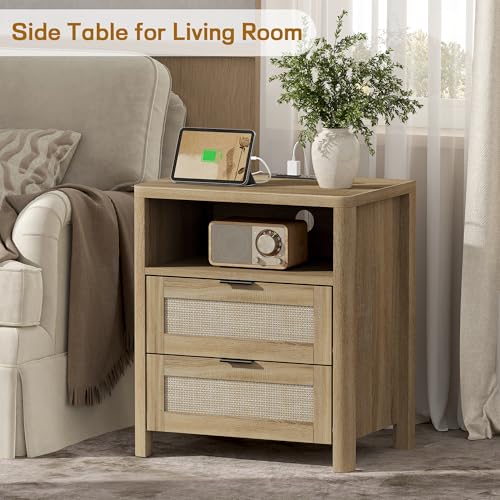 Boho Nightstand with Charging Station, Large Bedside Table with Two Drawers & Open Storage Shelf, Mid-Century Modern End Table Rattan-Look Drawer, Accent Side Table with Rounded Corners for Bedroom - size: 23.6"D x 22"W x 15.74"H(2-Drawers)