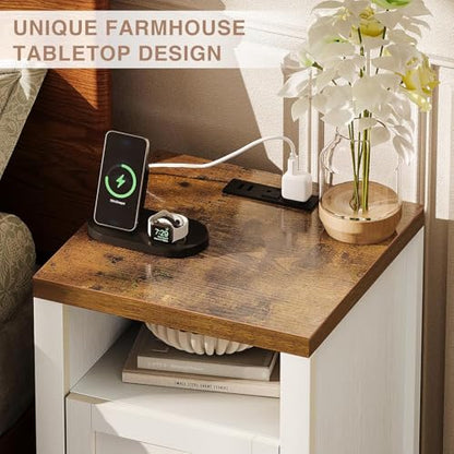 oneinmil End Table with Charging Station, Farmhouse Nightstand with Barn Door, Sofa Side Table with Storage Space 2-Piece Set, Suitable for Livingroom and Bedroom,White - color: White