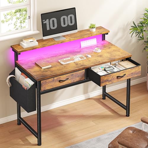 DurayLoly Gaming Desk with 2 Drawers &LED Lights,Space Saving,Rustic Brown | Computer Desk with Ergonomic Monitor Stand,Office Desk with Side Pocket and Hook,Study Writing Table for Small Spaces - color: Brown, size: 31.0 Inch