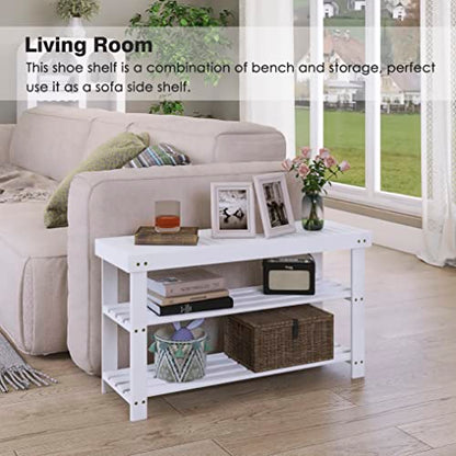 SMIBUY Bamboo Shoe Rack Bench, 3-Tier Shoe Organizer Storage Shelf for Entryway Hallway Bathroom Living Room (White) - color: White