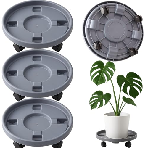 Rolling Plant Stand with Wheels 3 Pack 10 Inch Plant Caddy with Wheels Heavy Duty Plant Dolly Roller Base with Wheels Round Flower Pot Rack Holder Planter Trolley Tray, Grey - color: Grey, size: 10 inch