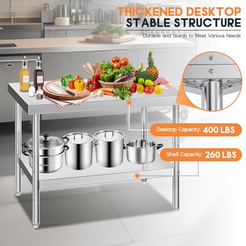 Jocisland 30" x 48" Stainless Steel Table for Prep & Work, Food-Grade Stainless Steel with Adjustable Under Shelf and Feet, for Commercial Kitchen, Restaurant, Hotel, Garage - size: 30x48 in, style: Table