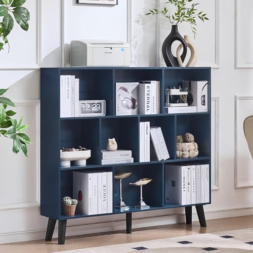 LEYAOYAO 10 Cube Bookshelf,3 Tier Modern Wide Bookcase with Legs,Mid-Century Wood Bookshelves Storage,Dark Blue Large Book Case,Freestanding Organizer Display Shelf for Bedroom,Living Room,Office - color: Dark Blue, size: 10 Cube with Legs