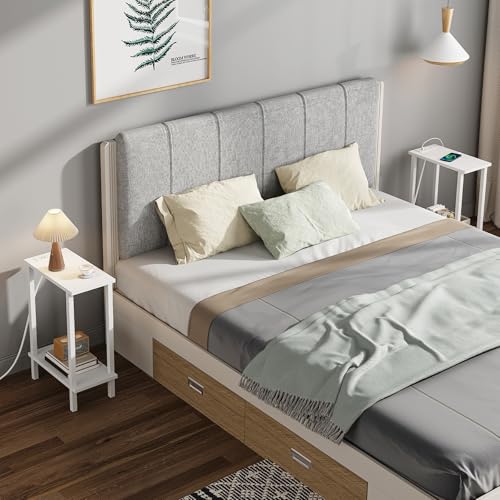 TUTOTAK Narrow Side Table Set of 2, Small End Table with Charging Station | 2-Tier Skinny Sofa Table, Slim Nightstand, Easy Assembly for Living Room, Bedroom, White TB01BW0602 - color: White, size: 2-tier