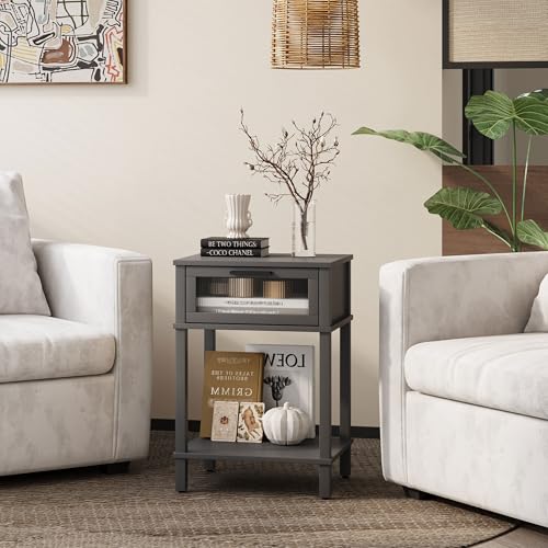 Nightstand Wooden Bedside Table with Drawer Grey Night Stands Modern Style Small End Table Side Table with Storage Shelf for Bedroom Living Room MLBZ10G - color: Grey