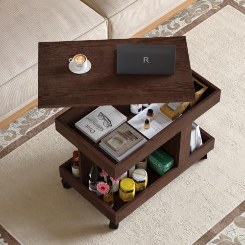 Multifunctional End Table with Wheels and 360° Rotating Desktop | Rolling Design, Storage Compartment, Sofa Side Narrow Table, Bedside Use, Living Room & Bedroom - color: Walnut-7.15