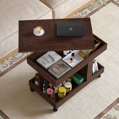 Multifunctional End Table with Wheels and 360° Rotating Desktop | Rolling Design, Storage Compartment, Sofa Side Narrow Table, Bedside Use, Living Room & Bedroom - color: Walnut-7.15