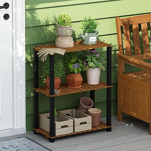 Furinno Pangkor 3-Tier Turn-N-Tube Indoor Outdoor Plant Shelf Wood Stand with Square Poles, Natural/Black - style: 3-Tier Rectangle
