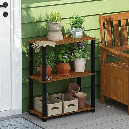 Furinno Pangkor 3-Tier Turn-N-Tube Indoor Outdoor Plant Shelf Wood Stand with Square Poles, Natural/Black - style: 3-Tier Rectangle