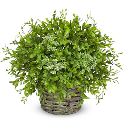 Hollyone Artificial Boxwood Plant in Woven Pot 9” Fake Potted Plants Topiary Boxwood Greenery Arrangement Centerpiece Faux Plants for Home Indoor Outdoor Farmhouse Office Desk Centerpiece Shelf Decor
