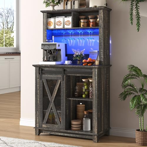 31.5" Wide Farmhouse Coffee Bar Cabinet with LED Light,Wine Bar Cabinet w/2 Storage Hutch,Kitchen Buffet Cabinet w/Sliding Barn Door & Wine and Glass Racks for Kitchen Dining Room(Dark Rustic Oak) - color: Dark Rustic Oak, size: 31.5 in