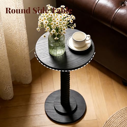 Small Drink Table, Round Pedestal Side Table, Martini Table for Small Spaces, Wooden End Table with Spiral Leg, Plant Stand Accent Table for Living Room, Bedroom, Bathroom, Easy Assembly, Black - color: Black