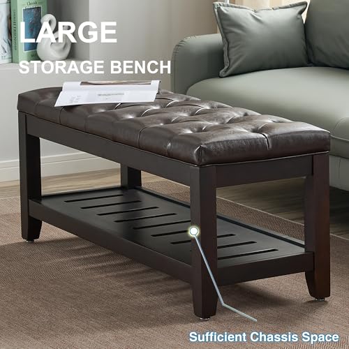 44" Entryway Bench with Shoe Storage, End of Bed Bench, Upholstered Ottoman Storage, 500 LBS Capacity for Entryway, Living Room, Hallway - color: Dark Brown(pu)-1