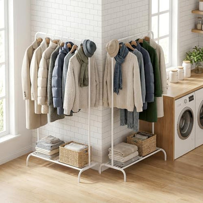 Small White Clothing Rack 2 Pack, Metal Garment Rack No Wheels, Free Standing Clothes Rack with Bottom Shelf for Hanging Clothes, Space Saving Closet Organizer for Bedroom, Laundry Room - color: White /2-Unit