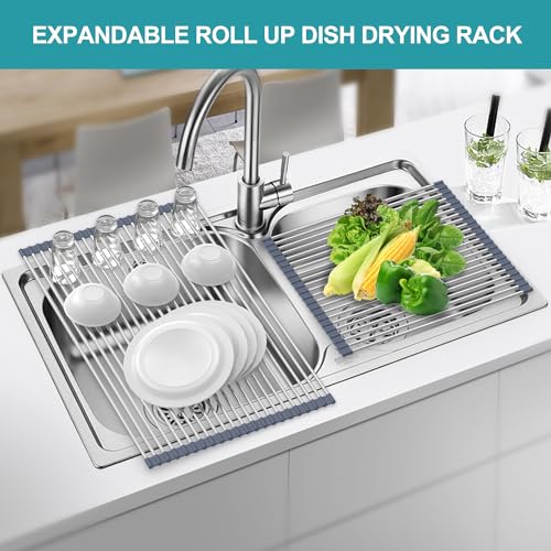 BBXTYLY Extra Large Expandable Roll Up Dish Drying Rack,Over The Sink Drying Rack Sink Cover Kitchen Sink Accessories Kitchen Rolling up Stainless Steel Drainer, Foldable,Rollable（Grey，22.8'-17.3''） - color: Gray, style: 22 tubes,expandable