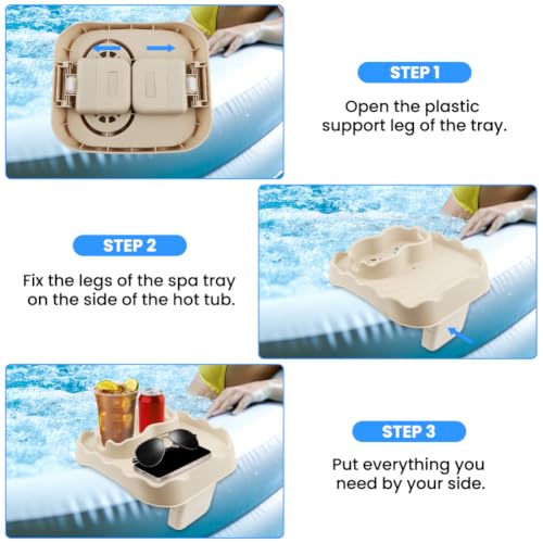 Hot Tub Table Tray Fits Width 6.7-7.8in Inflatable Spa/Pool,Beige | Foldable Hot Tub Side Table,Drink Caddy with 2 Cup Holders and Drain Holes,Non-Slip Rubber for Drinks,Phones & Snacks - color: Ivory