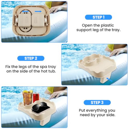 Hot Tub Table Tray Fits Width 6.7-7.8in Inflatable Spa/Pool,Beige | Foldable Hot Tub Side Table,Drink Caddy with 2 Cup Holders and Drain Holes,Non-Slip Rubber for Drinks,Phones & Snacks - color: Ivory