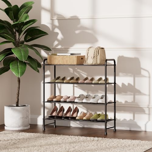 4-Tier Short Metal Shoe Rack,Extra Large Capacity Adjustable Stackable Shoe Organizer Shelf for Closet Entryway, Bedroom,Living Room, Floor,Hallway Shoe Shelf,Black 28" W × 32.3" H