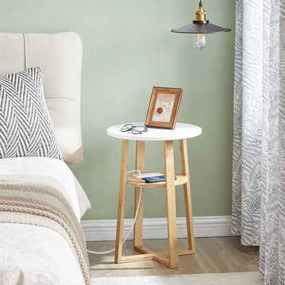 HOOBRO Round Side Table with Charging Station, Round Accent End Table with Bamboo Legs for Living Room, Bedroom, White and Natural YW101UBZ01 - color: White and Natural