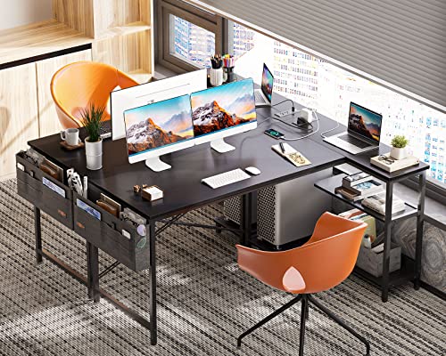 ODK 55 Inch Small L Shaped Computer Desk with Power Outlets, Corner Desk with PC Stand & Reversible Storage Shelves for Small Space Home Office Workstation, Modern Simple Writing Study Table, Black - size: 55 inch