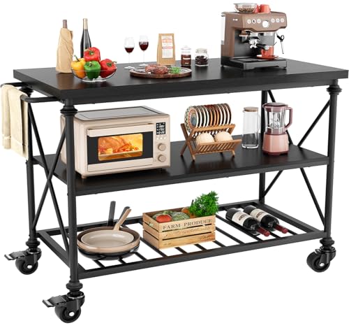 Homieasy Kitchen Island Cart with Wheels, 3-Tier Wood and Metal Rolling Kitchen Island Table with Pipe Legs, Storage Shelves & Lockable Casters for Kitchen Dining Room, Black - color: Black