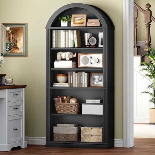 RALGEND Arched Bookshelf, 75.8" Tall Arch Bookcase with Storage, 6-Tier Farmhouse Book Shelf, Arched Cabinet, Wooden Bookshelf with Open Display Shelves, Adjustable Shelf, Office, Black - color: Black, size: 31.4"L x 11.8"W x 75.8"H