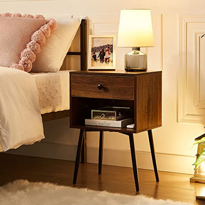 VECELO Nightstands Set of 2, Mid Century Modern End Bedside Table, Night Stand with Storage Drawer and 2 Tiers Open Shelf for Small Place, Bedroom, Living Room, Easy Assembly, Rustic Brown - color: Rustic Brown