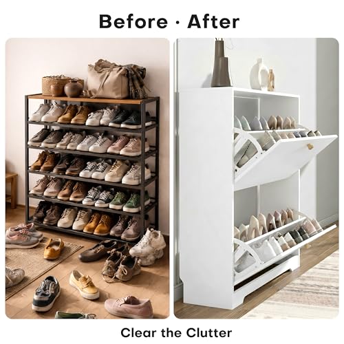 Nicetree Shoe Cabinet with 2 Flip Drawers, Narrow Shoe Organizer Cabinet, Freestanding Shoe Rack Cabinet, Modern Shoe Storage Cabinet for Entryway, Hallway, Foyer, White with Hook - color: White, style: 2-Drawers with Hook