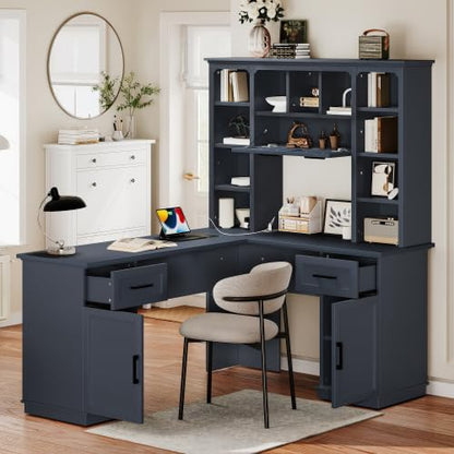 Bellemave L-Shaped Computer Desk with Drawers, Hutch and Bookshelf, Home Office Desk, Corner Gaming Computer Desk with Power Outlet, Study Table Writing Desk, Antique Blue - color: Antique Blue