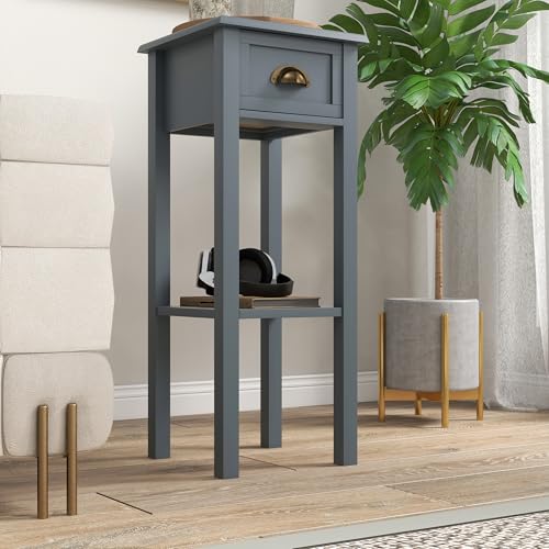 HOMCOM Narrow End Table with Drawer and Bottom Shelf, Slim Side Table for Small Spaces, Skinny Modern Accent Desk for Living Room, Set of 2, Gray - color: Grey