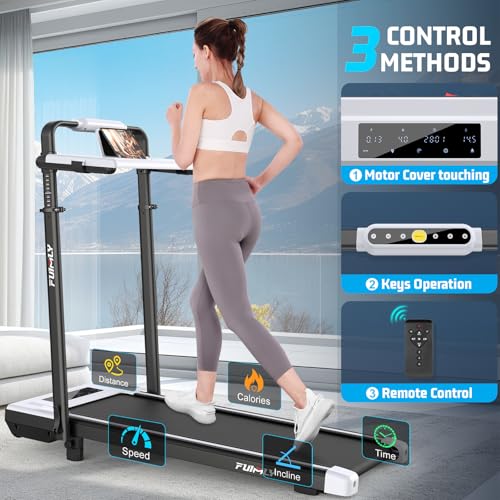 FUNMILY Upgrade Walking Pad Folding Treadmill with 12%/15% Incline & Handle Bar, 3.5HP Foldable Under Desk Compact Treadmills for Home/Office/Gym, 400+lb Capacity, Shock Absorption - color: White