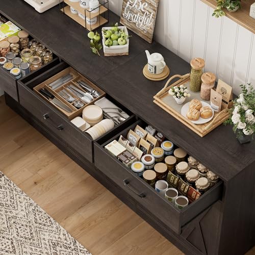 HOSTACK 71"W Farmhouse Kitchen Sideboard Buffet Cabinet with Storage, Brown | Large Coffee Bar Cabinet with 3 Wide Drawers, Long Buffet Table with Shelves, Kitchen Storage Cabinet for Dining Room - color: Dark Brown