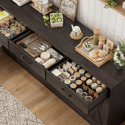 HOSTACK 71"W Farmhouse Kitchen Sideboard Buffet Cabinet with Storage, Brown | Large Coffee Bar Cabinet with 3 Wide Drawers, Long Buffet Table with Shelves, Kitchen Storage Cabinet for Dining Room - color: Dark Brown