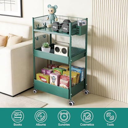 3 Tier Rolling Storage Cart Metal Utility Cart with Wheels | Office Organizer with Hooks & Hanging Cups, Mobile Shelving Unit for Kitchen Nursery Craft Snack Book - color: Emerald Green