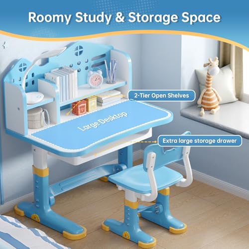 Kids Desk and Chair Set, Height Adjustable Child's School Study Writing Tables, Kids Desk with Bookstand and Storage Drawer, Widened Desktop with Desktop for Boys and Girls - color: Blue-a