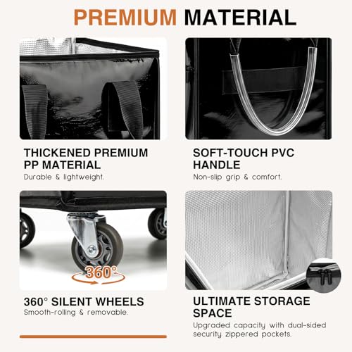 Large Reusable Grocery Bag on Wheels, Foldable Rolling Tote Bag with Handle and Zipper for Market Laundry Travel - color: Black