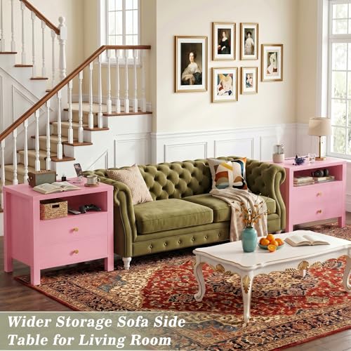 Aheaplus Nightstand with Charging Station, 23.6'' Large Bed Side Table with Wooden 2 Drawers, Night Stand for Bedroom, End Table with Open Storage Shelf for Living Room, Set of 2, Pink - color: Pink