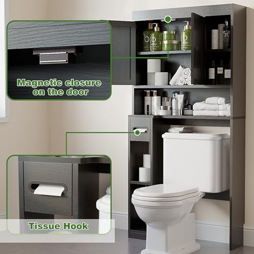 Over The Toilet Storage Cabinet with 7 Shelves, Imitation Walnut Grain Above Toilet Bathroom Organizer with Toilet Paper Holder Stand, Space Saver for Restroom, Laundry, Bathroom (Black) - color: Black