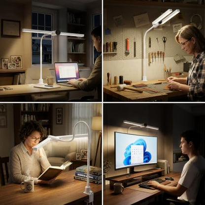 Honeywell HJ4 Desk Lamp with Clamp, Sunturalux™ Desk Lamps for Home Office | Dual-head White LED clamp desk lamp with flexible gooseneck, stepless dimming, 4 color temps, CRI 94, RG0 eye care. - color: White