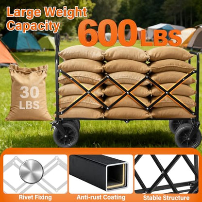 Extra-Large Heavy-Duty Wagons carts Foldable with 600-lbs Capacity & Giant 4" All-Terrain Tank Wheels – Ideal for Beach, Camping, Grocery Hauling and Outdoor Adventures - size: 600LBS