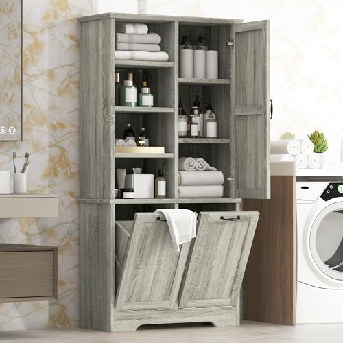 Tall Storage Cabinet, Bathroom Floor Freestanding Storage Cabinet with Doors, Open Shelves, Adjustable Shelf, Drawers, and Tilt-Out Laundry Hamper for Bathroom, Office, Living Room, Oak - color: Oak