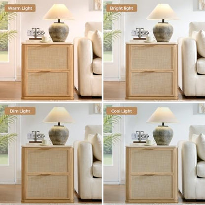 Night Stand, 23.11" W Rattan Nightstand with 2 Drawers, Faux Marble Top Bedside Table, Boho Mid Century End Table for Bedroom Living Room Sofa Office, Natural Oak [FSC Certified] - color: Natural Oak, size: 15.63"D x 23.11"W x 23.94"H（2 Drawer）