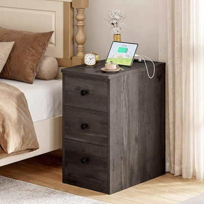 LIKIMIO Nightstand with Charging Station, 3 Drawers Modern for Bedroom - color: Charcoal Grey